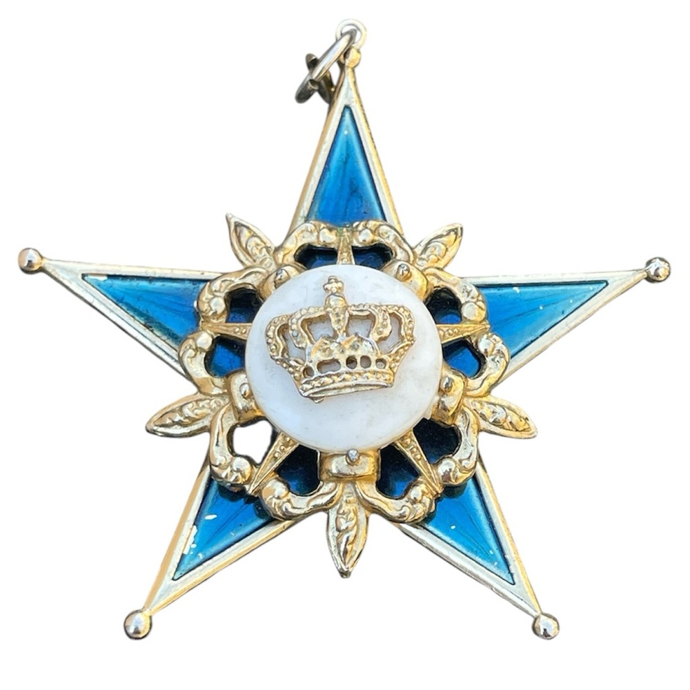 Coro Blue Enamel Star Pendant with Crown Motif Heraldic Vintage Metallic